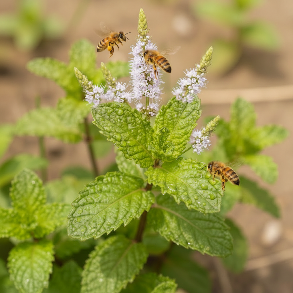 Api su fiori di menta in primo piano