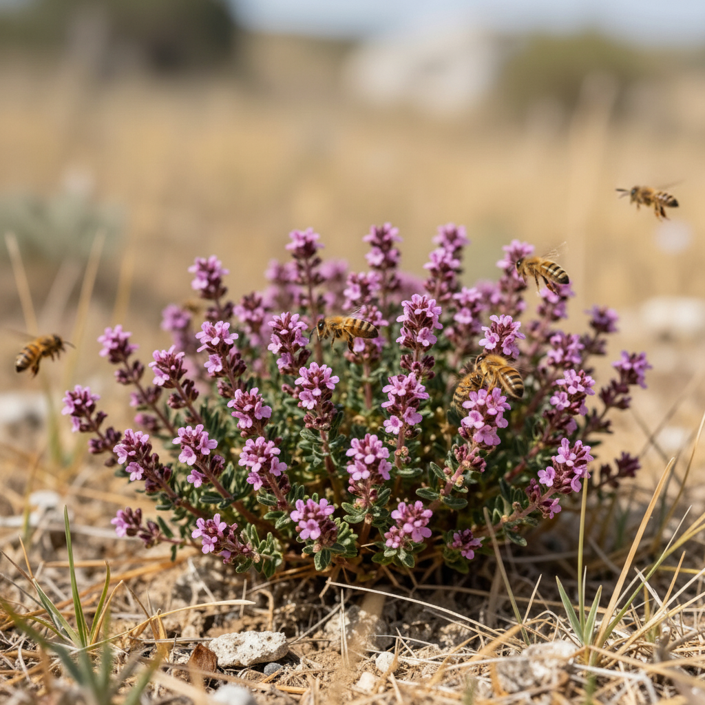 Api su fiori di timo viola in ambiente arido